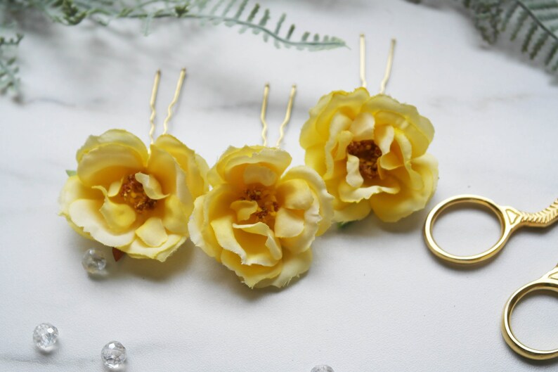 garden rose clips yellow wedding clips hair vine flower pins yellow flower clips silk garden rose Yellow Clip set flower headpiece