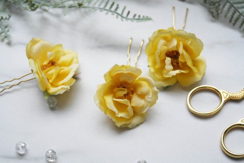 garden rose clips yellow wedding clips hair vine flower pins yellow flower clips silk garden rose Yellow Clip set flower headpiece