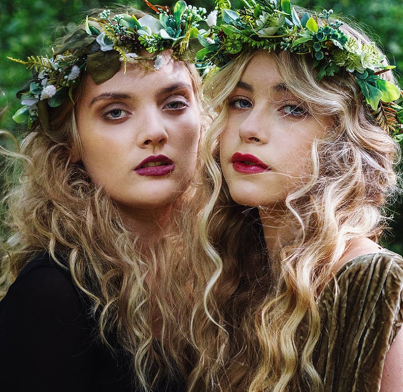 Green flower crown, boho flower crown, wedding halo, floral crown, hair vine, woodland wedding crown, leafy crown, leaf crown, woodland halo image 3