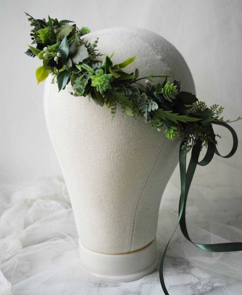 Green flower crown, boho flower crown, wedding halo, floral crown, hair vine, woodland wedding crown, leafy crown, leaf crown, woodland halo image 4