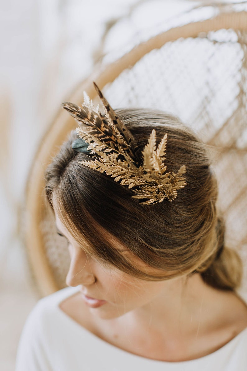 boho bridal headpiece whimsical wedding crown feather headpiece pheasant wedding hairband golden hair accessory