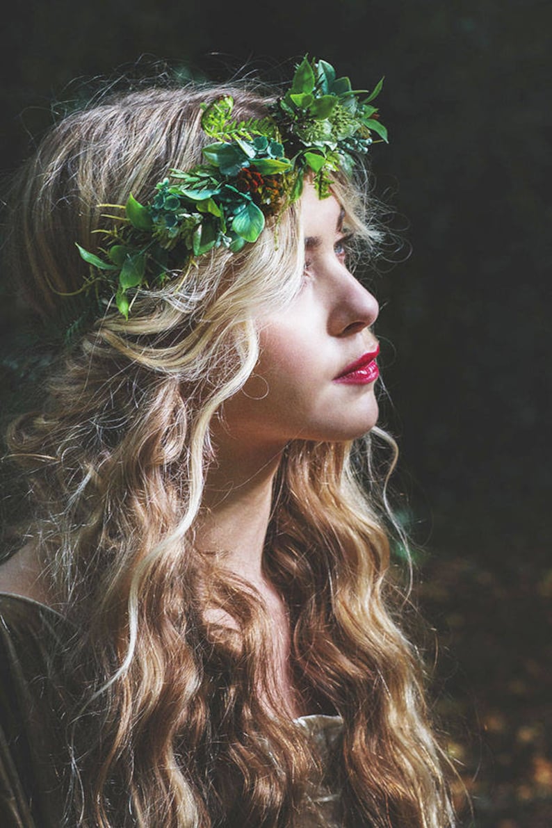 Green flower crown, boho flower crown, wedding halo, floral crown, hair vine, woodland wedding crown, leafy crown, leaf crown, woodland halo image 6