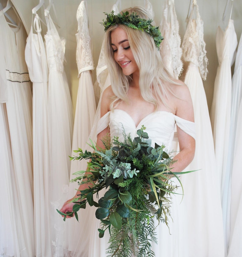 Green flower crown, boho flower crown, wedding halo, floral crown, hair vine, woodland wedding crown, leafy crown, leaf crown, woodland halo image 2