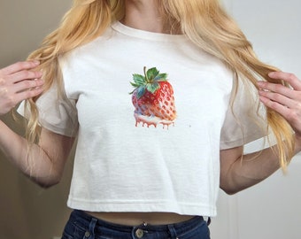 Strawberry Y2K Baby Tee, 90s Crop Top, Y2K Clothing, Coquette Shirt, Soft Girl Aesthetic, Kawaii, Cottagecore Style Tee, Summer Crop Top