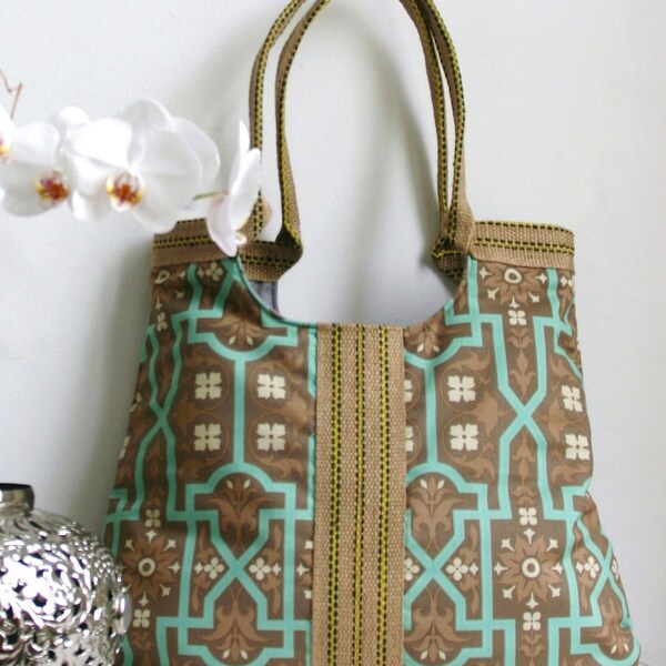 Jute and barnwood fabric tote bag