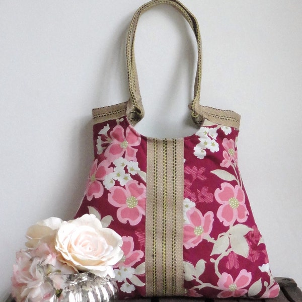 Floral tote bag in berry with jute SUMMER FASHION with jute