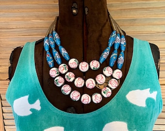 Chunky Painted Floral Glass Beaded Anthropology Triple Statement Necklace