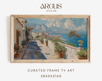 Mediterranean Sea TV Screensaver, Floral Seaside Village, Samsung Frame TV Art, Italian Coastal Town Frame TV Art, Digital Download