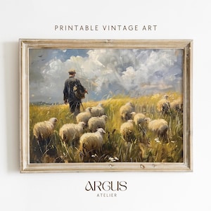 Vintage Shepherd Painting, Spring Landscape Print, Antique Sheeps Pasture Painting, Easter Farmhouse Wall Decor, Printable Wall Art