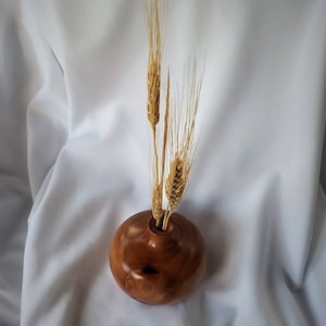 Puede incluir: Un pequeño jarrón redondo de madera con un acabado marrón pulido. El jarrón contiene varios tallos de trigo seco, agregando un elemento natural. El jarrón es un objeto decorativo.
