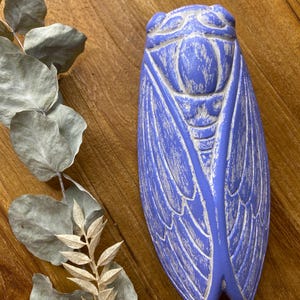 Peut inclure: Une figurine décorative de cigale d'un bleu pervenche vibrant avec une finition vieillie et usée qui révèle des détails blancs dans les rainures sculptées de ses ailes et de son corps, mettant en valeur une anatomie d'insecte détaillée.