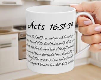 Acts 16:31-34 Christian Coffee Mug – Inspirational Bible Verse Gift