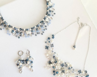 Navy blue bridal tiara set with earring and necklace blue crystal bridal headband handmade bridal simple tiara something blue bridal set