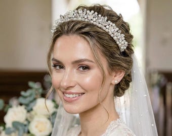 Pearl bridal tiara crystal wedding tiara for bride statement piece headband for bride handmade bridal tiara