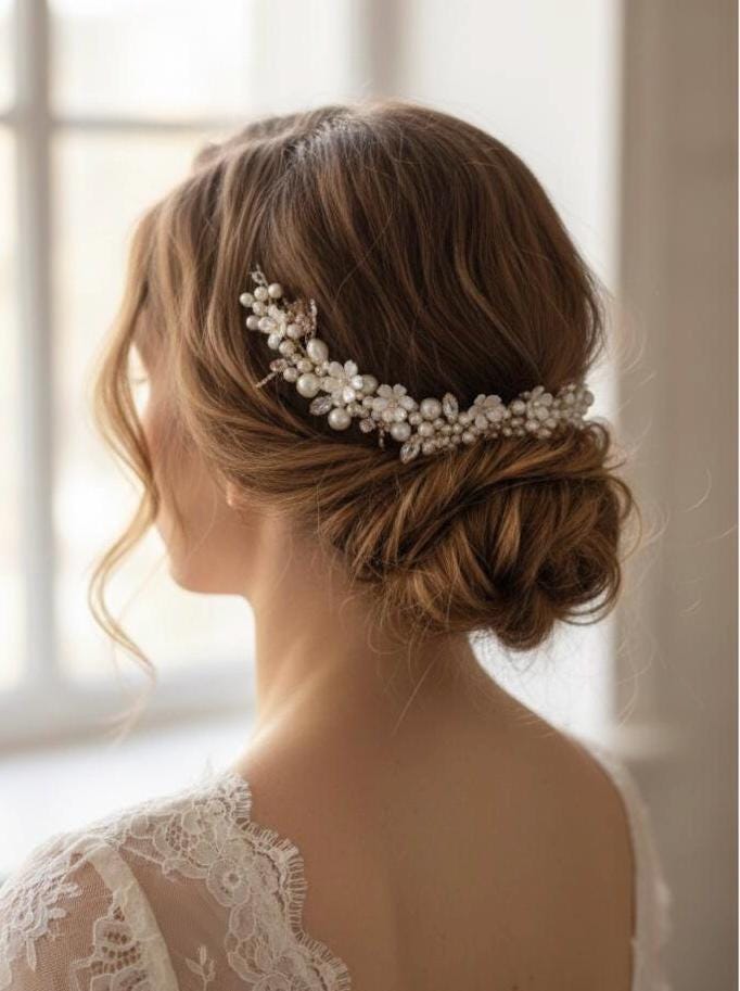 Boho Pearl Crystal Floral Bridal Headpiece | Champagne  display picture 1