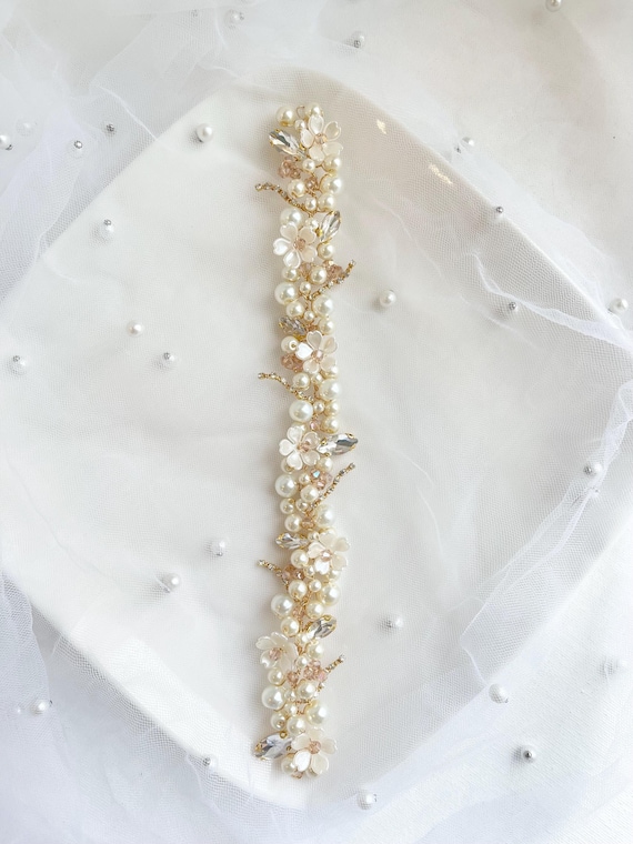 Boho Pearl Crystal Floral Bridal Headpiece | Champagne  display picture 1