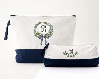 Embroidered Monogram Makeup Bag Set: Large and Small Navy & Ivory Canvas Cosmetic Bags
