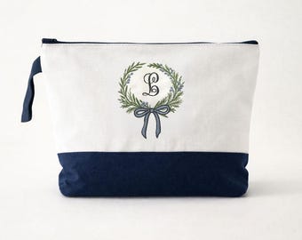 Embroidered Monogram Makeup Bag: Navy & Ivory Canvas Cosmetic Bag