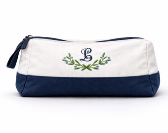 Embroidered Monogram Mini Makeup Bag: Navy & Ivory Canvas Cosmetic Bag for Bridesmaids, Teachers, Travelers