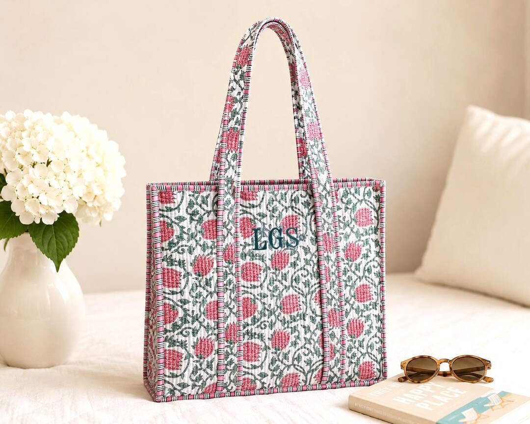 Personalized Pink Floral Quilted Cotton Tote Bag | Block Print Summer ...
