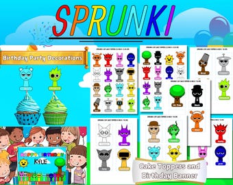 Printable Sprunki Cupcake Toppers & Birthday Banner – Digital Download, Sprunki Party Decor