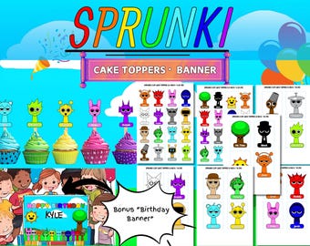 Sprunki Cupcake Toppers & Birthday Banner – Digital Download, Sprunki Party Decor