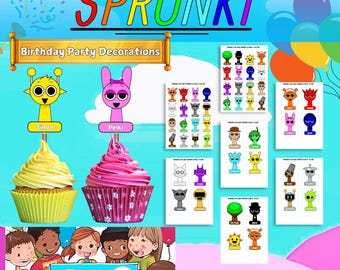 Printable Sprunki Cupcake Toppers & Birthday Banner – Digital Download, Sprunki Party Decor