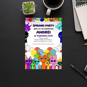 Plantilla de invitación de cumpleaños de Sprunki White, formatos digitales personalizables de 5 x 7, imprimible y descarga instantánea