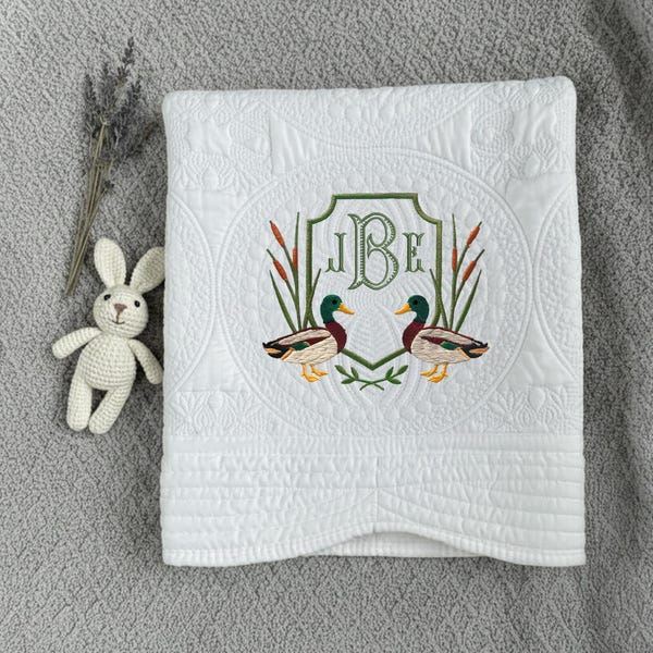 Personalized Monogrammed Baby Blanket, Embroidered Mallard Ducks Crest Knit Baby Blanket, Newborn Blanket for Girl, Initial Baby Keepsake