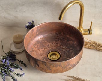 Rustic Copper Vessel Sink – Vintage Bathroom Vessel with Antique Finish - Copper Bathroom Decor