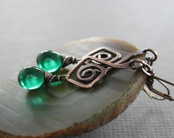 Hand Forged Copper Dangle Earrings: Emerald Czech Glass, Greek Spiral