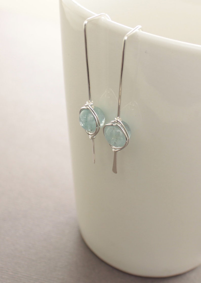 Sterling silver threader earrings, Aquamarine earrings, Gemstone earrings, Minimalist earrings, Simple earrings ER001 image 4