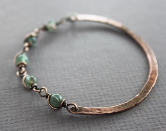 Hammered Copper Cuff Bracelet with Apatite Stone Beaded Chain