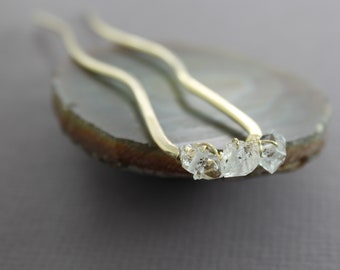 Golden brass hair fork with herkimer diamond stones, Minimalist pin, Bridal hair pin, Hair accessory, Hair stick, Metal hair pin - HP069