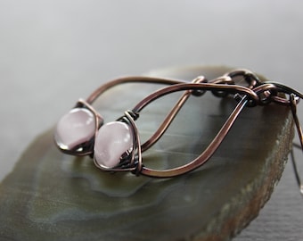 Handmade Copper Earrings: Milky Pink Lampwork Glass Dangle Earrings