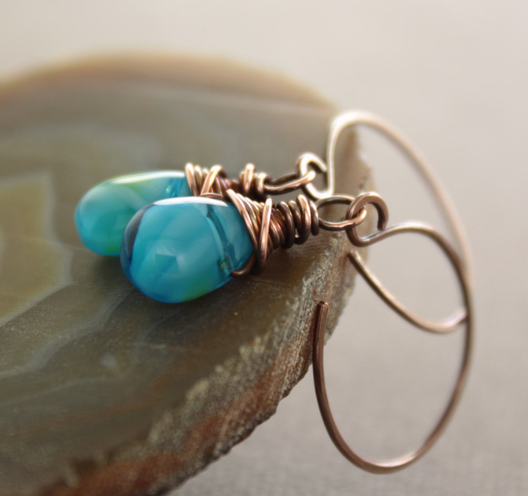 Dangle Copper Earrings With Tropical Ocean Blue Glass Teardrops Drop