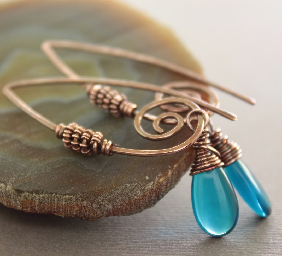 Copper Threader Earrings: Blue Czech Glass Spiral Dangle Earrings - Etsy
