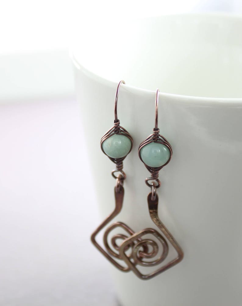 Artisan Greek spirals copper earrings with herringbone wrapped amazonite stones Threader earrings Statement earrings ER016 image 3