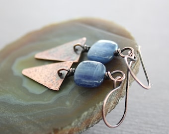 Kyanite Copper Dangle Earrings: Hammered Triangle, Earthy Rustic