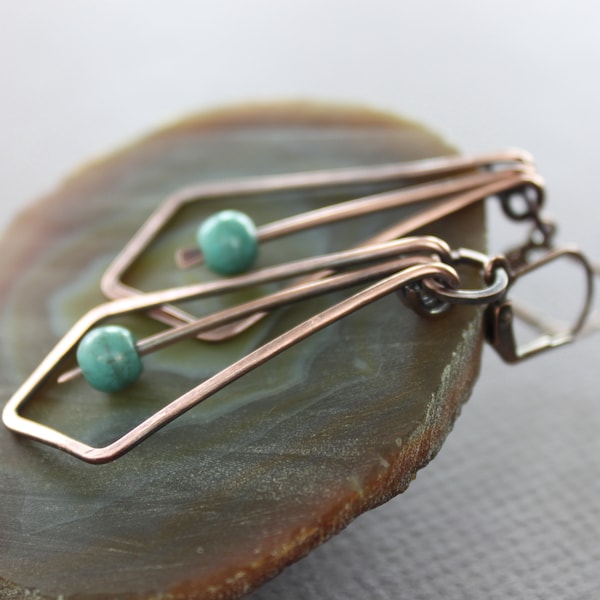 Swinging Art Deco chandelier copper earrings with turquoise stones - Dangle earrings - Turquoise earrings - Statement earrings - ER093