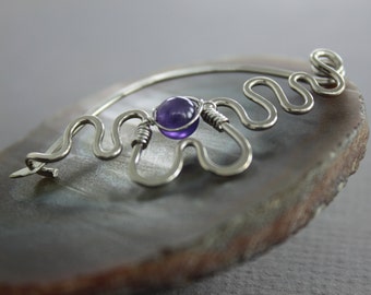 Silver shawl pin with amethyst stone, Amethyst shawl pin, Cardigan clip, Scarf pin, Fibula, Knitting accessory, Silver brooch - SP067