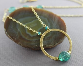 Golden brass necklace with teal apatite stones, Apatite necklace, Hoop pendant, Gemstone necklace, Brass necklace, Long necklace