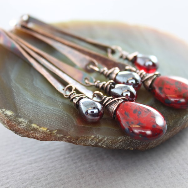 Long bars chandelier earrings with red Czech glass drops, Statement earrings, Long earrings,  Drop earrings, Boho earrings - ER096