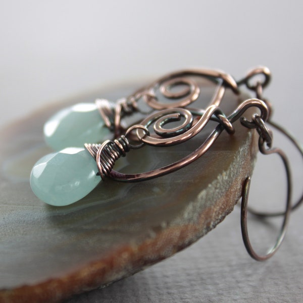 Copper dangle earrings with blue jade stones, Aquamarine color earrings, Gemstone earrings, Dangle earrings, Drop earrings - ER013