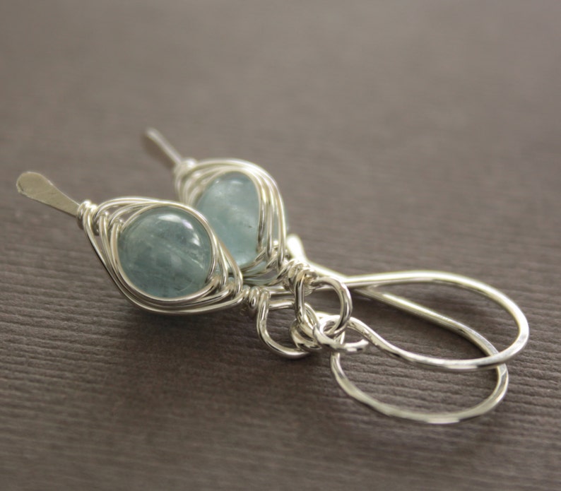 Sterling silver earrings with aquamarine stones, Aquamarine earrings, Short earrings, Dangle earrings, Gemstone earrings ER002 image 2