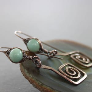 Artisan Greek spirals copper earrings with herringbone wrapped amazonite stones Threader earrings Statement earrings ER016 image 1