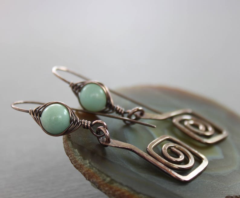 Artisan Greek spirals copper earrings with herringbone wrapped amazonite stones Threader earrings Statement earrings ER016 image 1