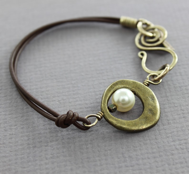 Leather Wrap Bracelet: Brass Hoop with Swarovski Pearl