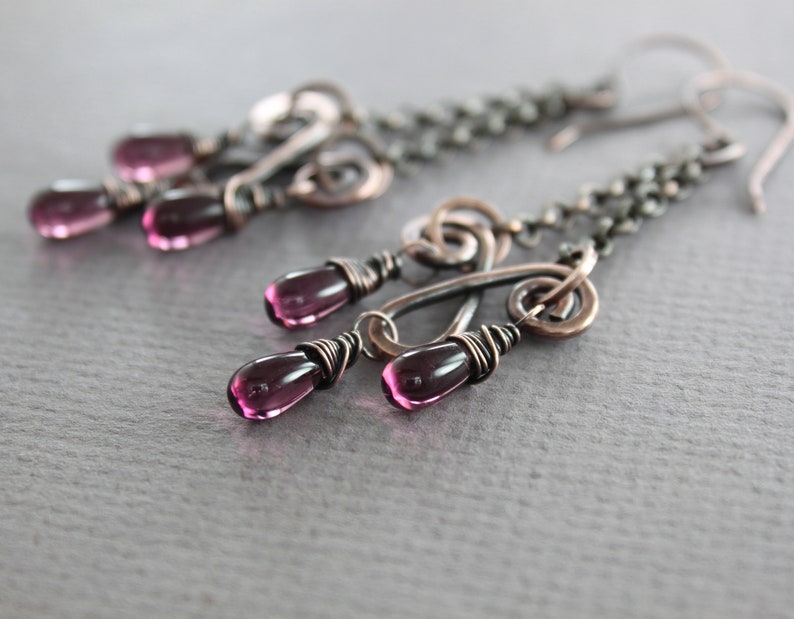 Chandelier earrings with purple Czech glass teardrops Copper earrings Long earrings Boho earrings Statement earrings ER054 image 4