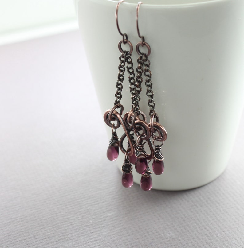 Chandelier earrings with purple Czech glass teardrops Copper earrings Long earrings Boho earrings Statement earrings ER054 image 7